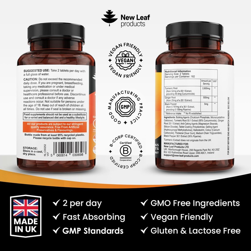Turmeric Tablets 2600mg High Strength with Black Pepper & Ginger