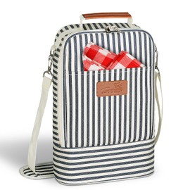 Tirrinia Insulated 2 Bottle Wine Gift Tote Bag - Wine Tumbler Glass Cooler Carrier for BYOB Restaurants, Wine Tasting, Travel, Park, Beach, Great Wine Lover Gift, Blue Stripe