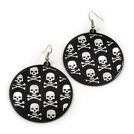 40mm D/Black Round Metal Skull&Crossbones Drop Earrings/Silver Tone/ 6cm L