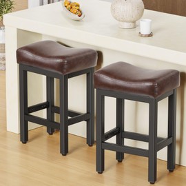 Raynesys Counter Height Bar Stools Set of 2, 24 Inch Barstools for Kitchen Island Counter, Bonded Leather Kitchen Stools with Thick Saddle Seats & Heavy Duty Metal Base, Easy Assembly, Brown/Black