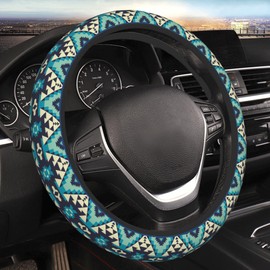 Cool Native American Tribal Steering Wheel Cover Universal Aztec Style Navajo Bohemian Wheel Protector for Men Women Non-Slip Auto Car Accessories Fit for Most Cars SUV Vans Trucks (Teal Geometric)