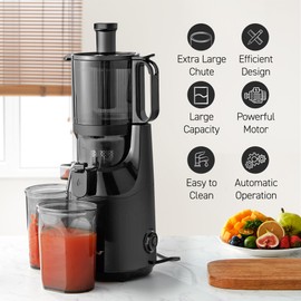 Elite Gourmet EJX320 Big Mouth Whole Fruit 5.2” Self-Feeding Chute, Cold Press Masticating Slow Juice Extractor, Hands-Free, Less Prep, Easy to Clean, Impact Resistant BPA Free Tritan, Black