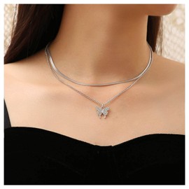 Erimberate Gothic Layered Butterfly Pendant Necklace Crystal Butterfly Choker Necklace Punk Butterfly Herringbone Necklace Chain Silver Flat Snake Chain Necklace Jewelry for Women and Girls Gifts