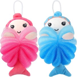 2 Pcs Bath Loofahs Kids Toddler Cute Cartoon Bath Sponges Loofah Pouf Body Scrubber Mesh Sponges for Children Shower Washing Exfoliating(Mermaid)