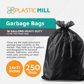 PlasticMill Heavy Duty Trash Bags - Black Garbage Bags - Plastic Trash Bags - Kitchen, Bathroom, Office Garbage Bags, Trash Can Liners - 12-16 Gallon, 1.2 Mil, 24"x31" (250-Count)