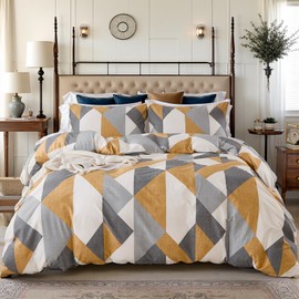 Grey Yellow Checkered Bedding King 100% Cotton Duvet Cover Set Western Geometric Chevron Comforter Cover 3 Pcs Lightweight Soft