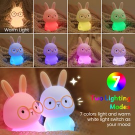 Bunny Nursery Night Light for Kids, 7-Color RGB Mode, 3-Level Brightness Warm Light Mode, Touch Control, 30Min Auto-Off Timer, Rechargeable Type-C, BPA-Free & Food-Grade Silicone, Easter Gift, Pink