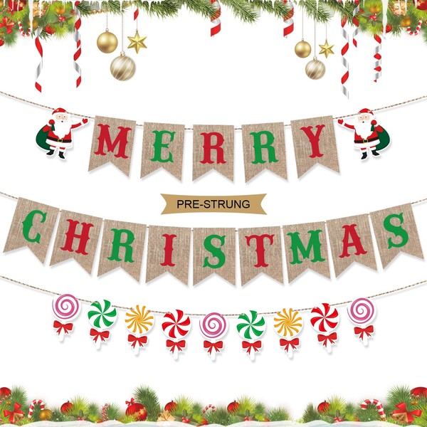Stcomart Pre-Strung 6ft Burlap Merry Christmas Banner with Candy Canes,
