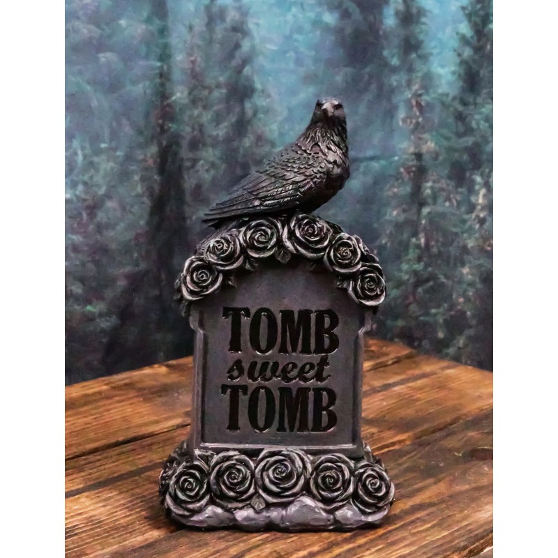 Gothic Raven Crow Perching On Black Roses Graveyard Tomb Headstone