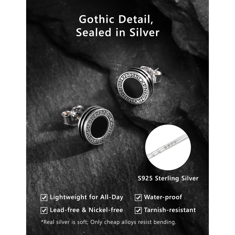 KRKC&CO Black Earrings Stud for Men, 925 Sterling Silver Hypoallergenic