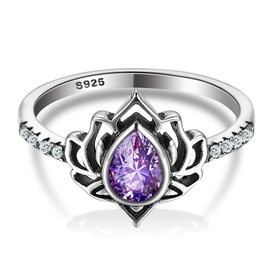 LOVECOM Lotus Ring for Women 925 Sterling Silver Lotus Flower Ring Dainty CZ Promise Ring High Polish Tarnish Resistant Wedding Band Ring Aesthetic Jewelry Flower Birthday Gifts for Her (8, Purple)