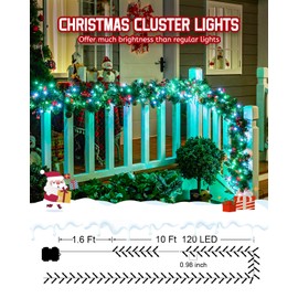 Brightown Christmas Cluster Lights Battery Operated Outdoor, 10Ft 120 LED Christmas Tree Lights Firecracker String Lights Waterproof Twinkle Lights for Indoor Xmas Tree Decorations, Red Green & White