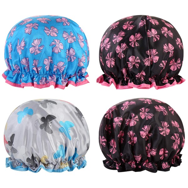 Vtrem 4 Pieces Shower Cap Lined Double Layer Waterproof Hair Bath Caps with Lace Elastic Band Lovely Butterfly Pattern Reusable Bathing Hat for Women Girls