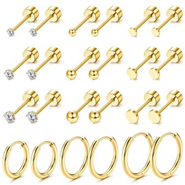 Thunaraz Small Tiny Stud Hoop Earring Gold Studs Stainless Steel Earring Sets for Multiple Piercing Cartilage Hoop Earrings CZ Ball Flat Back Earrings Tragus Cartilage Earrings Gold