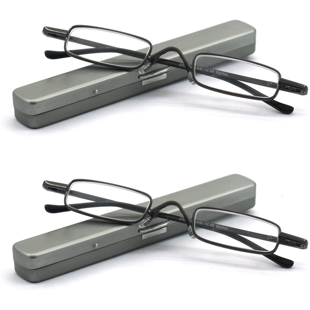 Mini Reading Glasses EYE ZOOM 2 Pack Metal Small Readers with Spring Hinge Lightweight Portable Clip Aluminum Case, Gunmetal, Strength +2.00
