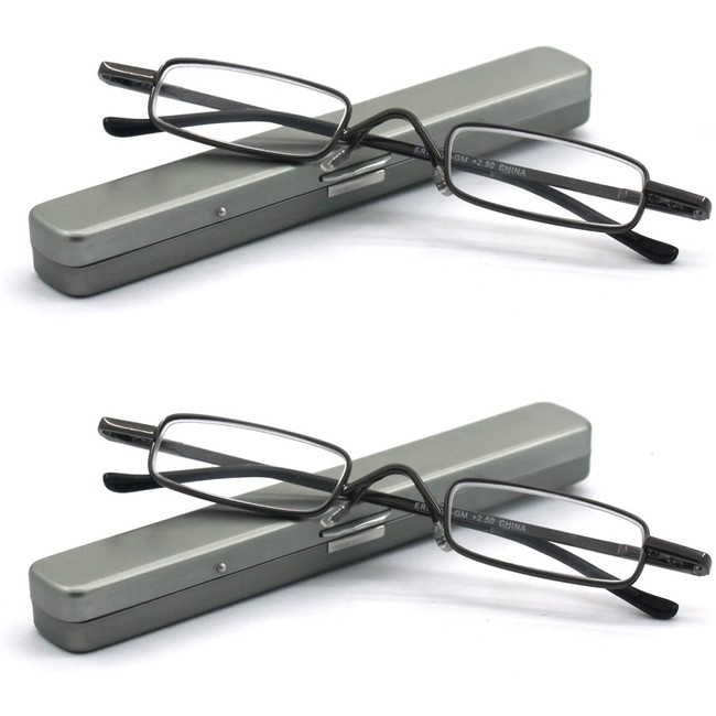 Mini Reading Glasses EYE ZOOM 2 Pack Metal Small Readers with Spring Hinge Lightweight Portable Clip Aluminum Case, Gunmetal, Strength +2.00