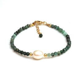 Gempires Emerald Beaded Bracelet with Freshwater Pearl, Beaded Bracelets, Pearl Bracelet for Women, Party Wear Jewelry, May Birthstone, 14k Gold Plated Chain (6.5+1 inch)