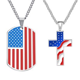 Cupimatch 2pcs American USA Flag Patriotic Cross Dog Tag Pendant Necklace Set Stainless Steel Stars and Stripes Necklace 22" Chain Jewelry