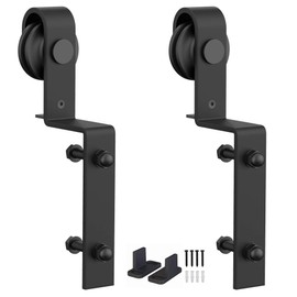 ZEKOO Sliding Barn Door Single Track Bypass Hardware Black Steel Barn Door Rollers Hanger for Wooden Door (J Shape Offset-Style)
