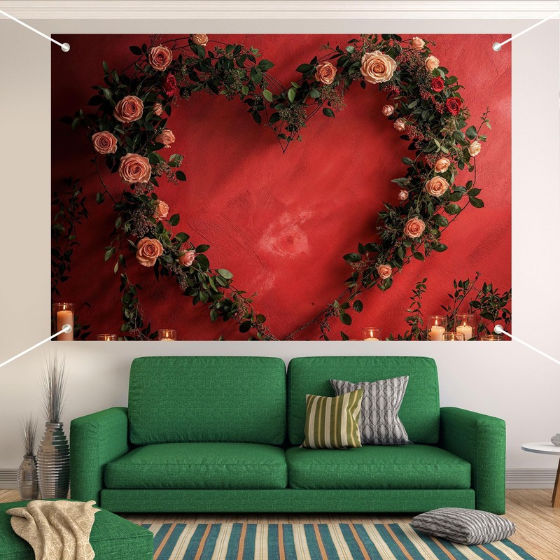 Romantic Rose Floral Heart Wreath Backdrop for Photography, Wedding Bridal