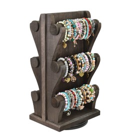 Ikee Design Two-Sided Rotating Wooden Jewelry Bracelet Display Stand-6 Removable Holders, 3 Tier Bar Bangle Organizer-Perfect for Bracelets and Jewelry Display, Dark Brown Color