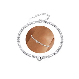 DORANA Sterling Silver Initial Bracelet for Women Teenage Girls Gifts Silver Charm Bead Bracelet for Womens Girls Initial Heart Bracelets Friend Daughter Birthday Gifts Jewellery,D