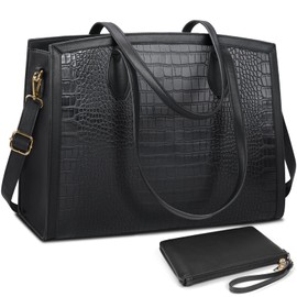 Laptop Bag for Women 15.6 Inch Waterproof Computer Teacher Work Briefcase Large Capacity Leather Handbag Office Business Shoulder Bag 2PCs Set Black Crocodile Pattern