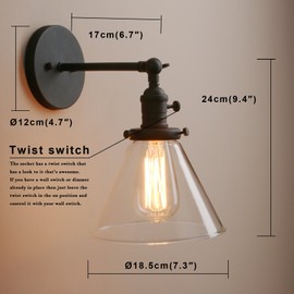 Pathson Industrial Wall Sconce with Switch, Indoor Wall Lighting Fixtures with Funnel Clear Glass Shade, Vintage Vanity Lamps for Bathroom Lighting