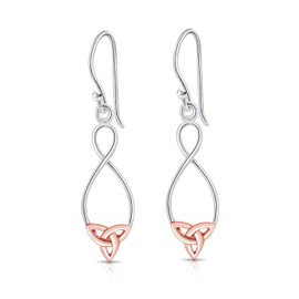DTPsilver® 925 Sterling Silver Rose Gold Plated Celtic Trinity Knot Hook Dangle Earrings - Two-Tone - Dimensions: 9 x 36 mm