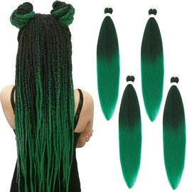 Sakkou 22inch Dark Green Ombre Braiding Hair Pre Stretched 4pcs/pack Black-Green Braiding Hair Extensions For Braids Hot Water Setting Styles(1B/Green)