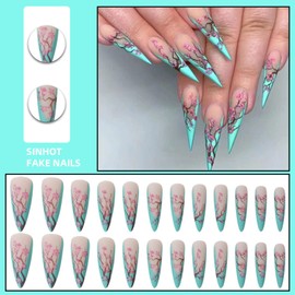SINHOT Long Press On Nails Stiletto False Nails French Tip Fake Nails Ombre Glue on Nails Plum Blossom Acrylic Nails with Designs for Women and Girls
