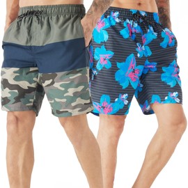 TEX2FIT 2-Pack Men's Swim Shorts with Pockets, Quick Dry Swim Trunks with Mesh Lining (Floral AOP/Camo, X-Large)