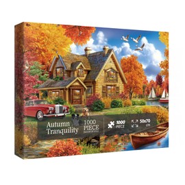 Autumn Country House Puzzles for Adults 1000 Pieces, Fall Landscape Funny Dogs Bird Jigsaw Puzzles, Colorful Golden Retriever Labrador Duck Tree Holiday Puzzle