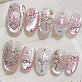 24Pcs Aurora Pink Press on Nails Medium Almond Fake Nails with 3D Heart Acrylic Nails Bohemian Style Design Bow Glue on Nails Gold Silver Star Cute False Nails Glitter Pink Stick on Nails for Women