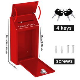 Sevenuncles Metal Donation Box Collection Box Safe Suggestion Drop Box with Lock Wall Mounted Mailbox with Rain Cover Delivery Ballot Box with Slot for Outside Home Office (Red)