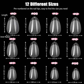 ASONRL 600Pcs Short Almond Nail Tips, 12 Sizes Pre Shaped Press on Nails Tips Full Cover Clear Gel Acrylic Nail Tips for Nail Extension Half Matte False Nails Tips Home DIY Nail Salon with Orange Box