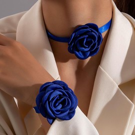 Vintage Satin Camellia Flower Jewelry Set Bohemian 3D Flower Choker Necklace Bracelet Set Adjustable Lace Bridal Choker Necklace Bracelet Hypoallergenic Statement Summer Beach Wedding Accessories (Dark Blue)