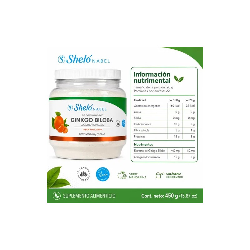Colágeno Hidrolizado Sheló Nabel Ginkgo Biloba Sabor Mandarina 450g