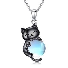 YAFEINI Black Cat Necklace 925 Sterling Silver Moonstone Pendant Animal Jewellery Gifts for Women Cat Lovers