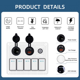 Marine Switch Panel,Boat Switch Panel Waterproof with Dual USB Charger,Aluminum 12/24V Rocker Switch with Digital Voltmeter Lighter Socket Press Protector(Sliver, 5 Gang)