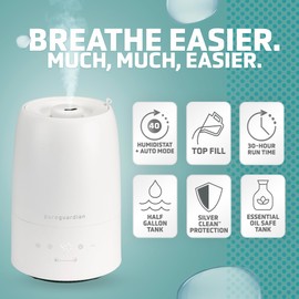 PureGuardian 30-Hour .50 Gallon Top Fill Cool Mist Ultrasonic Humidifier for Large Rooms with Humidistat, 12-Hour Timer, Aroma Tray for Bedroom, Living Room, Office, White, H955W
