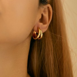 SEPTBIEN 18ct Gold Plated Chunky Geometric Knot Hoop Huggie Earrings for Women Statement Studs with Drop Dangle Earring (Double)