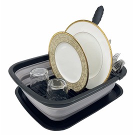 SAMMART 8L Collapsible Plastic Dish Drainer with Draining Board - Foldable Clothes Airer Set - Portable Dish Organizer (Black/Alloy Grey)