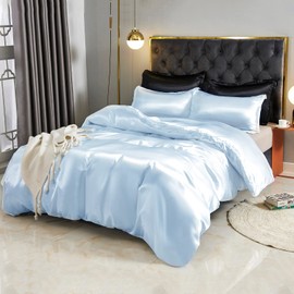 HOdo Home Satin Duvet Cover Queen Size, 3 Piece Silk Like Comforter Cover, Ultra Soft and Breathable Bedding Set with Zipper Closure & Corner Ties