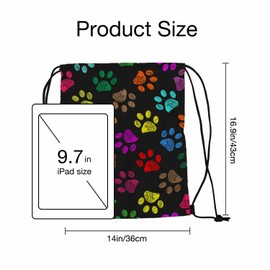 Sotunad Colorful Paw Prints Drawstring Backpack Cat Dog Animal Foot Prints Black Background for Swim Bag for Beach Swim Swimming Pool Drawstring Bags