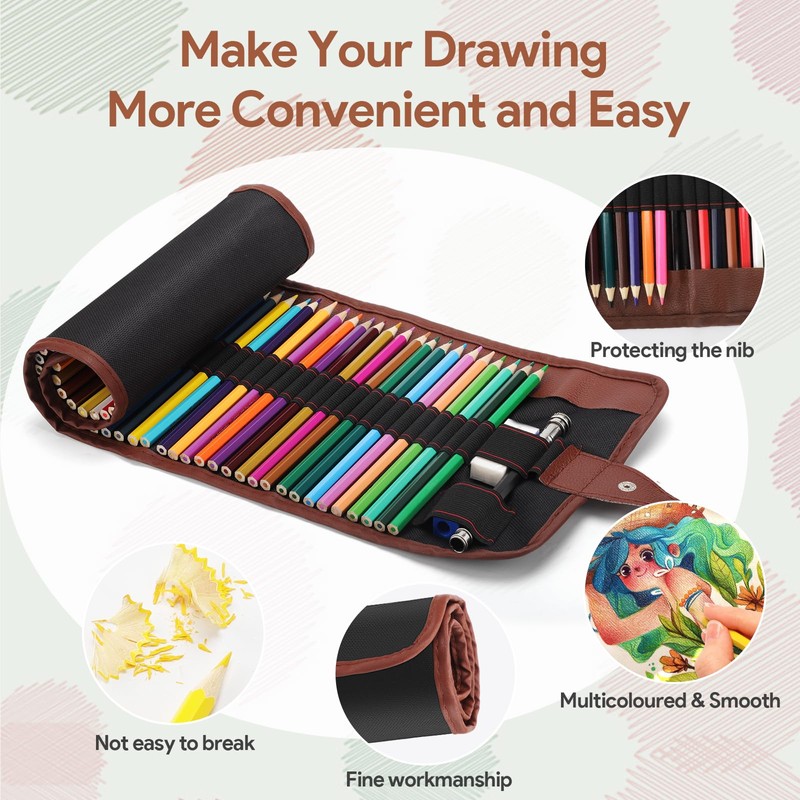 VICHOS 48 Professional Colouring Pencils, Colouring Pencils Set with Rolling