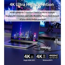 SWITCHFLUX USB C to 3 × HDMI Adapter |4K60Hz HDMI Splitter Extended Display 1 in 3 Out MST Hub with 100W PD for Multiple Monitors Converter Compatible with Laptop,PC,USB-C Graphics Card