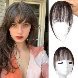 Bangs Hair Clip in Bangs 100% Real Human Hair Extensions Wispy Bangs Clip on Air Bangs for Women Hairpieces Curved Bangs for Daily Wear (A-Brown Black, Wispy Bangs)