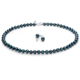 COYATE Tahitian Cultured Black Pearl Necklace & Earrings Set | 7.5-8mm Round Exotic Pearls with 925 Sterling Silver Clasp | Luxury Jewelry Gift for Wife/Mom/Girlfriend, 18"+2" Extender