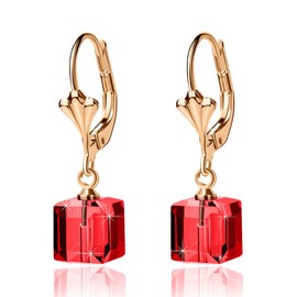 Austrian Crystal Cube Drop Earrings for Women Leverback Dangle Earrings 14K Gold Plated Hypoallergenic Jewelry (Red)